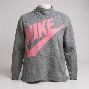 Nike Funnel Neck Hoodie Gray‎ Pink Swoosh Sweatshirt Women's Size Medium